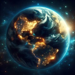 Obraz premium Night of Planet Earth globe from space view with city light of each countries on land and sunlight, Galaxy and space concept.