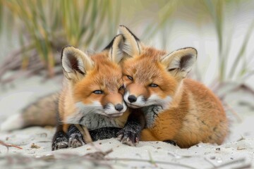 Wild baby red foxes cuddling at the beach