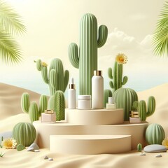 Podium 3D background cactus product summer cosmetic platform display desert.