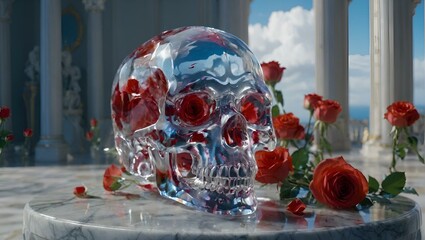AI generated illustration of a crystal skull on a luxurious Italian marble