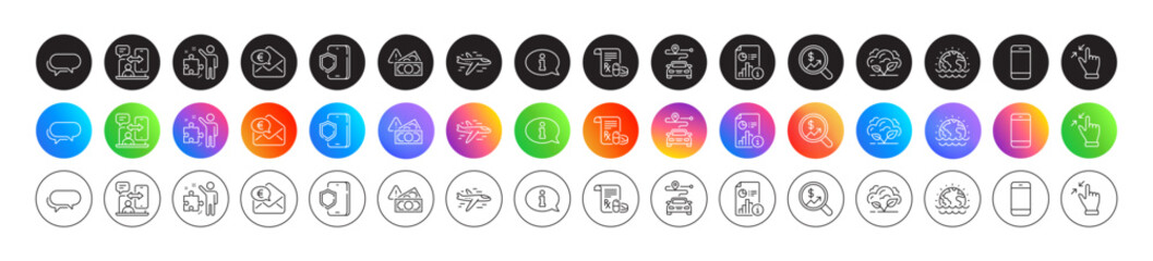 Touchscreen gesture, Phone timing and Report line icons. Round icon gradient buttons. Pack of Medical prescription, Disaster, Airplane icon. Smartphone, Information, Currency audit pictogram. Vector