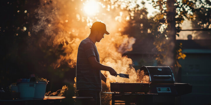 A man is cooking on a grill in a backyard