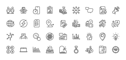 Megaphone, Timer app and Report line icons pack. AI, Question and Answer, Map pin icons. Ranking stars, Cable section, Add team web icon. Documents box, Time management, Journey pictogram. Vector
