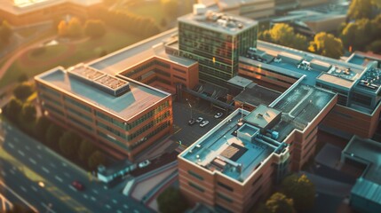 aerial view highlighting the hospital's colorful attributes, blending seamlessly with the natural surroundings and sunny weather.