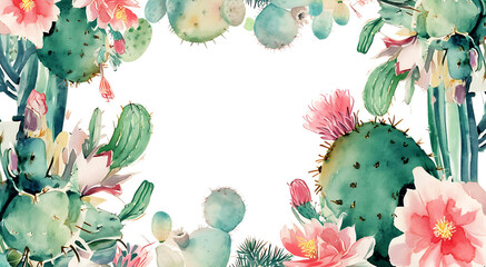 Watercolor frame of cacti with blooming flowers on isolated background.