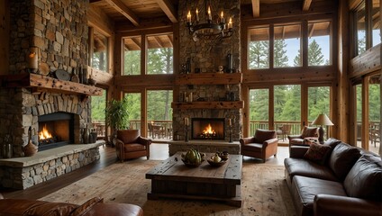 a vertically spacious living room with a floor-to-ceiling, broad window overlooking a serene forest.