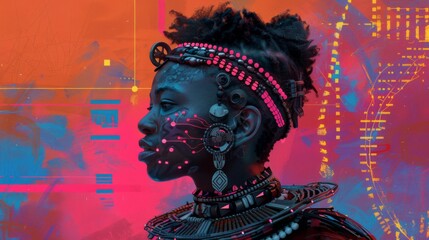 Fototapeta premium An African woman stands confidently in a vibrant, colorful background