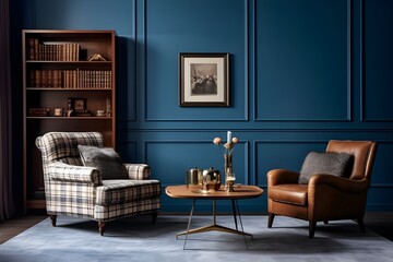blue living room with a sofa, chair and bookshelf. AI-Generated Free Photo
