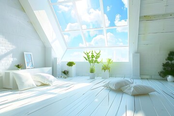 Interior of a white attic bedroom featuring a double bed a sofa in the corner a hardwood floor and wide windows in the roof a mockup
