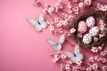 Colorful easter eggs in nest with spring flowers on pink background

