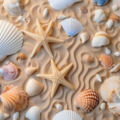 Bird's eye view of a sandy beach adorned with seashells and starfish Illustrating the essence of summertime this picturesque scene exudes a nostalgic charm with its vintage tones
