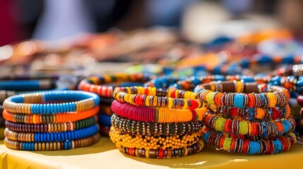 Beaded plastic necklaces, bangles or bracelets in rainbow colors. Focus on the whimsical, budget-friendly handicrafts that are popular souvenirs for tourists. Generative Ai Pro Photo

