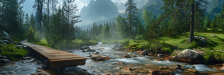 Landscape with mountain stream and wooden bridge realistic nature and landscape