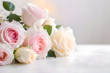 A bunch of pink and white roses with the sun shining on them.