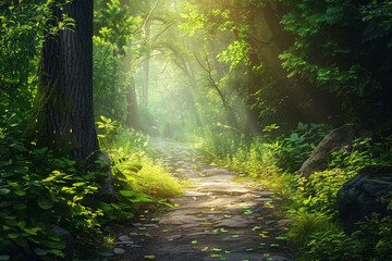 Fototapeta premium A serene illustration depicting the concept of guided imagery with a tranquil forest path, inviting relaxation and meditation 
