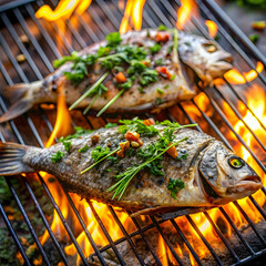 Close-up image of a whole fish with herbs grilling on a wire fish basket over an open flame.