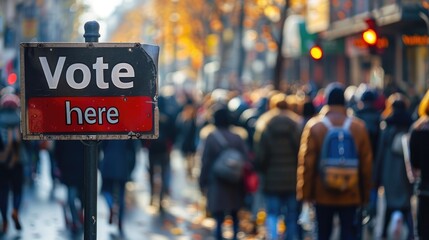 Outdoor sign with text "Vote here" and long line a busy polling station. Election day 2024 concept.