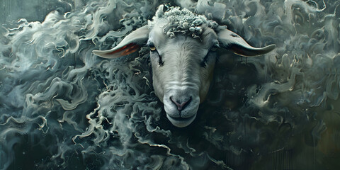 Sheep Dreams Imaginative and Whimsical Animal Portraits with sheep grey wool background.