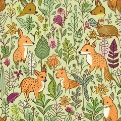 a pattern that combines whimsical forest animals like foxes, rabbits, and deer