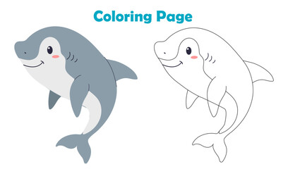 Coloring page, shark isolated on white background. Sea life. Game for children. Vector illustration.