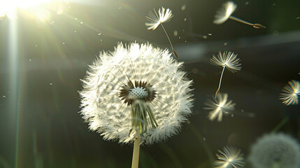 Whispers of Spring: Close-Up of Dandelion Seed Head Floating in the Air