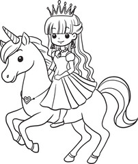 Unicorn Horse Princess Kawaii cartoon characters, cute lines and colorful coloring pages.
