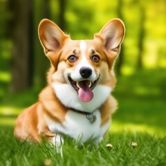 Corgi dog looks at the camera. portrait against a background of green grass.