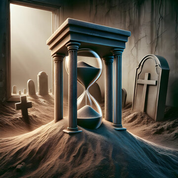 Hourglass in sandy gravesite. The imminence of death concept
