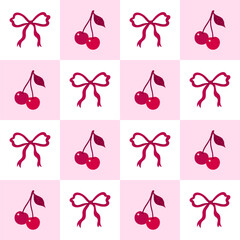 Seamless checkered pattern with cherries and bows. Vector graphics.
