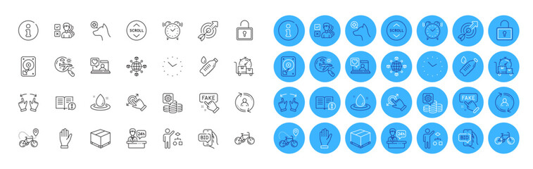 Delivery box, Touchscreen gesture and Water bottle line icons pack. Making money, Friends chat, Scroll down web icon. Search flight, Veterinary clinic, Fake information pictogram. Facts. Vector