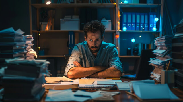 A tired man sits at a table littered with a bunch of papers. Businessman working in the office at night. Concept of paperwork, fatigue.