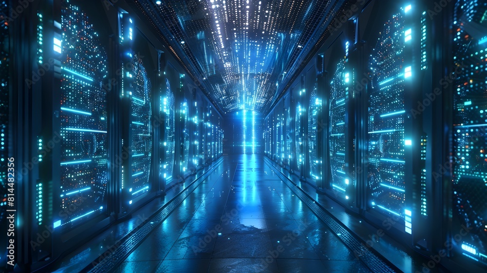 Poster quantum computer room with glowing data streams futuristic science fiction concept of advanced techn