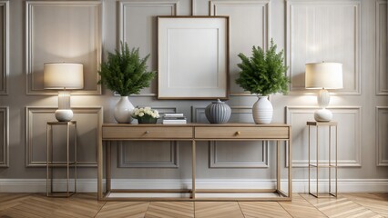 Elegant Console Table Frame Mockup: A frame mockup placed on an elegant console table or sideboard, featuring clean lines and sophisticated styling for a refined presentation.	
