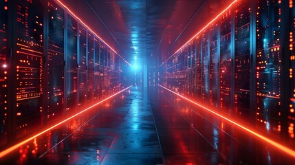 Glowing Quantum Computer Room with Futuristic Data Streams and Illuminated Servers in Sci Fi Interior