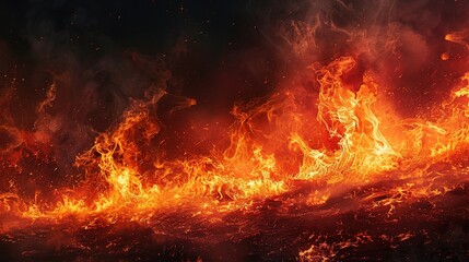 Orange flames lick logs in a cozy fireplace on a dark night