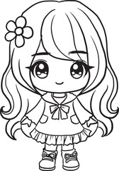 Kawaii girl, cartoon character, cute lines and colors, coloring page
