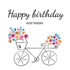 Greeting card with flower bouquets, square template with copy space, happy birthday card, vector arrangement with bike and beautiful flowers, roses, tulips, gift for womens day, mothers day template