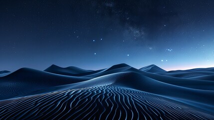 The dark blue sand dunes under the starry sky at night