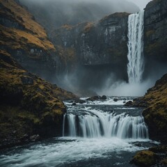 A majestic waterfall plunging into a mist-filled gorge.

