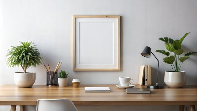Clean Desk Frame Mockup: A clutter-free desk setup with a frame mockup positioned neatly, providing a minimalist backdrop for displaying inspirational quotes or branding.	
