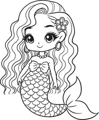 Mermaid, kawaii, cartoon characters, cute, lines and colors, coloring pages