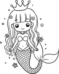 Mermaid, kawaii, cartoon characters, cute, lines and colors, coloring pages