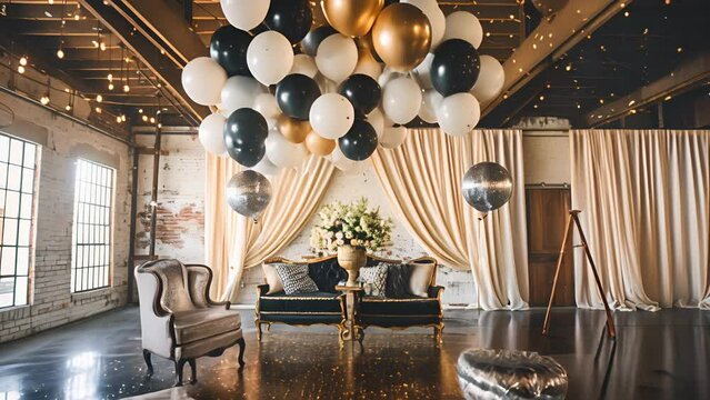 chic cocktail party with art deco balloons, black and white confetti, and elegant gold lighting