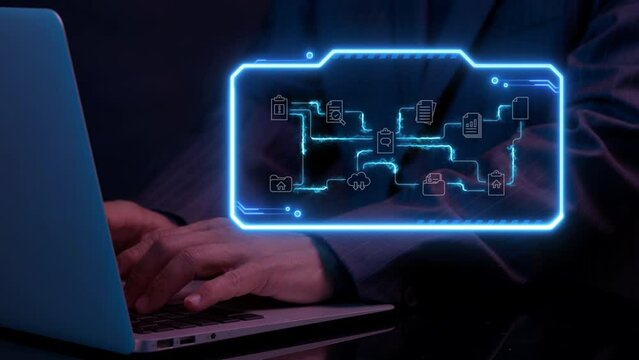 Business process and workflow automation with flowchart. Business and technology concept. Businessman working with computer laptop to show neon line of arranging processing management.