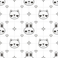 Cute Rabbit and Cat Pattern Background Black and White