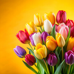 Fototapeta premium bouquet of multicolored tulips on yellow background