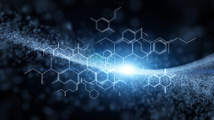Chemical symbols elements in digital cyberspace glowing blue background.