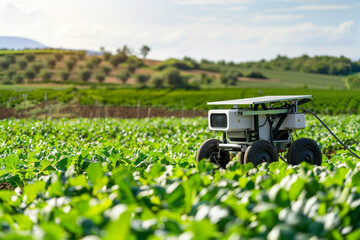 A solar-powered agriculture robot working in the field Integration of renewable energy and advanced technology to improve efficiency and sustainability practices in modern farming 