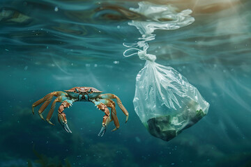 Fototapeta premium A solitary crab gracefully navigates through the oceans depths, encountering a drifting plastic bag, a stark symbol of the pervasive plastic pollution threatening marine life 