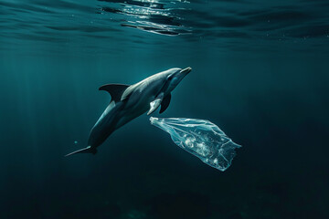 Fototapeta premium A solitary dolphin gracefully navigates through the oceans depths, encountering a drifting plastic bag, a stark symbol of the pervasive plastic pollution threatening marine life 